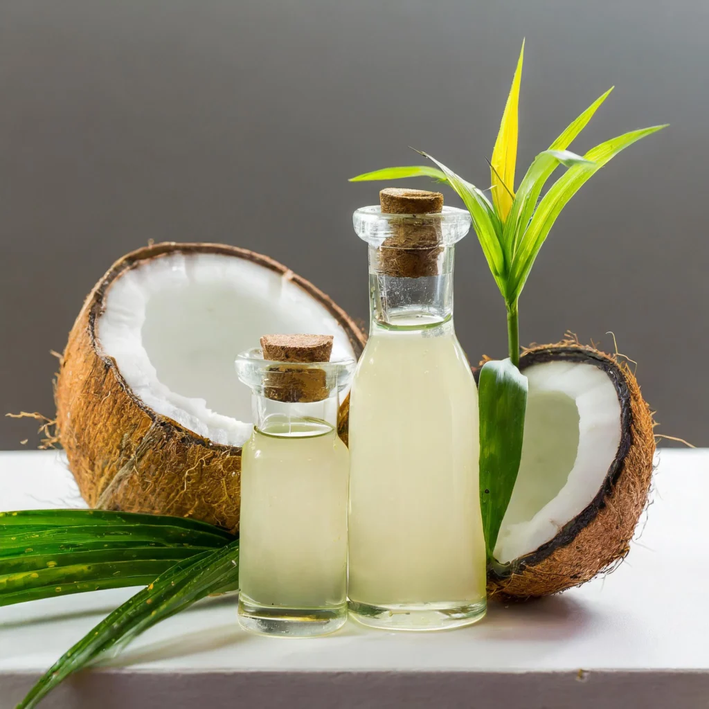 Fireflycoconutoilin2bottlesonein500mlanotherin1lwithacoconutinsideandwhiebackgrou